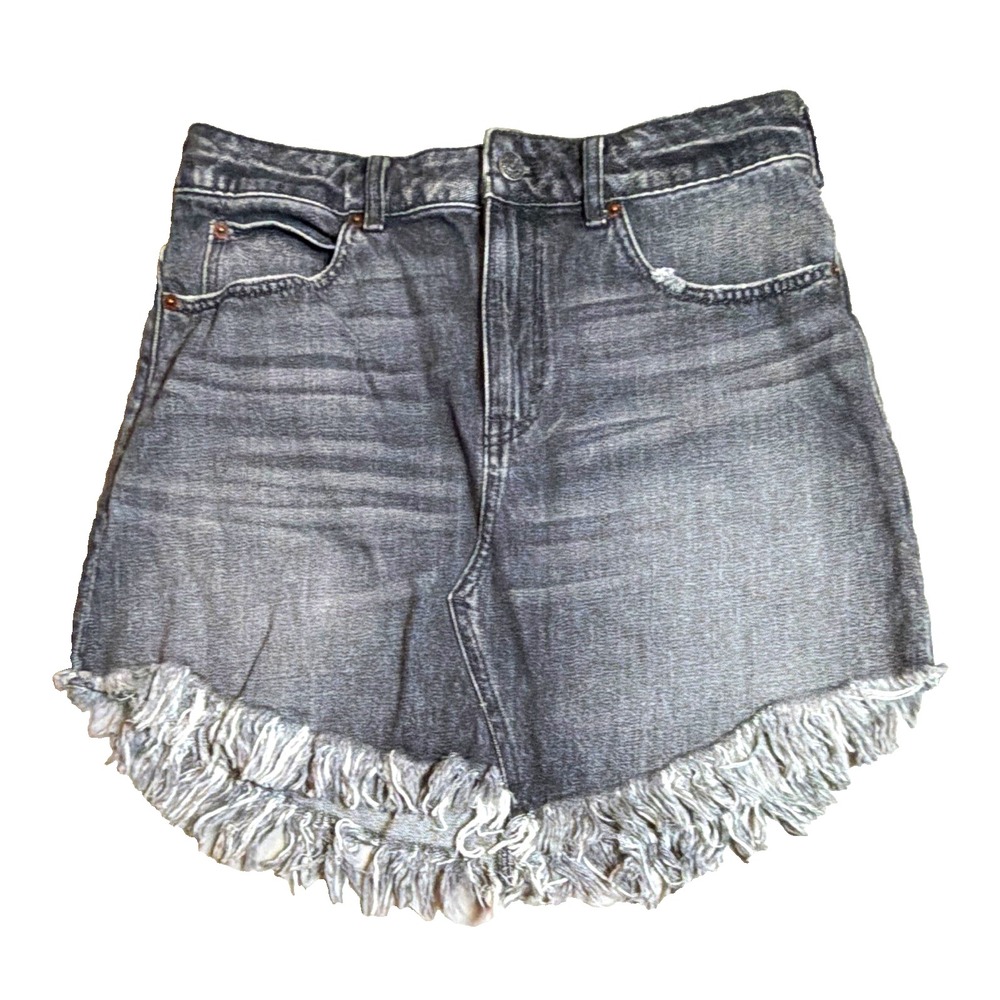 We The Free Women's Gray Denim Fringe Hem Cut Off Skirt Pockets Size 28